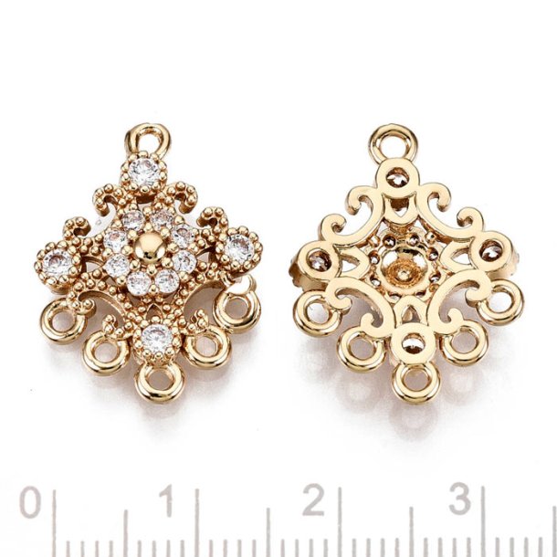 Chandelier link with 12 zircons, light gold plated brass, 6 eyelets, 19x14x3 mm, 2 pcs