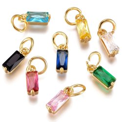 Anh&auml;nger, rechteckige Zirkon, gemischte Farben, vergoldetes Messing, 10x3x3 mm, 6 Stck