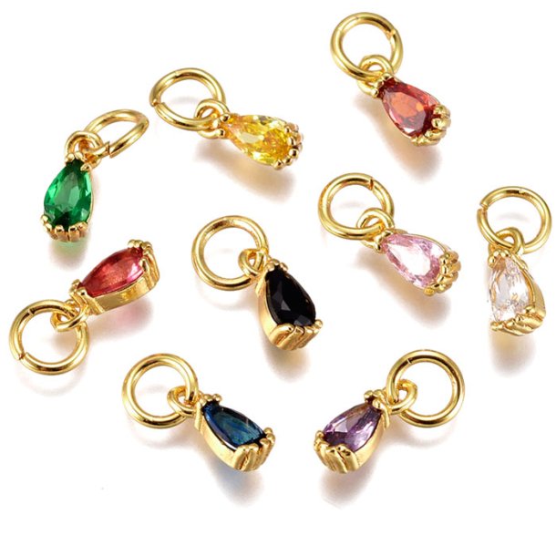 Small pendant, set gold plated, zircon drop, mixed colors, 8x3x3 mm, 6 pcs
