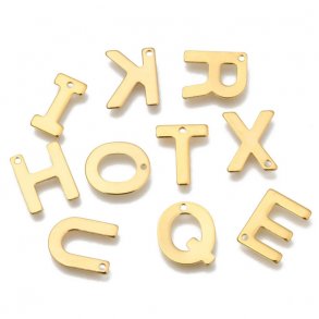Letter pendant or charm, shiny, durable gold plated steel, 11x12x0.8mm. 1pc