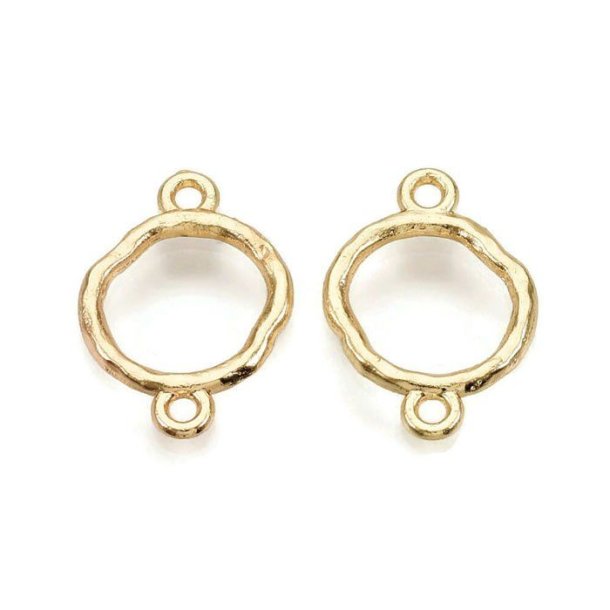 Link, light gold-plated brass, hammered circle with 2 eyelets, 17x12x1.5 mm, 4 pcs.