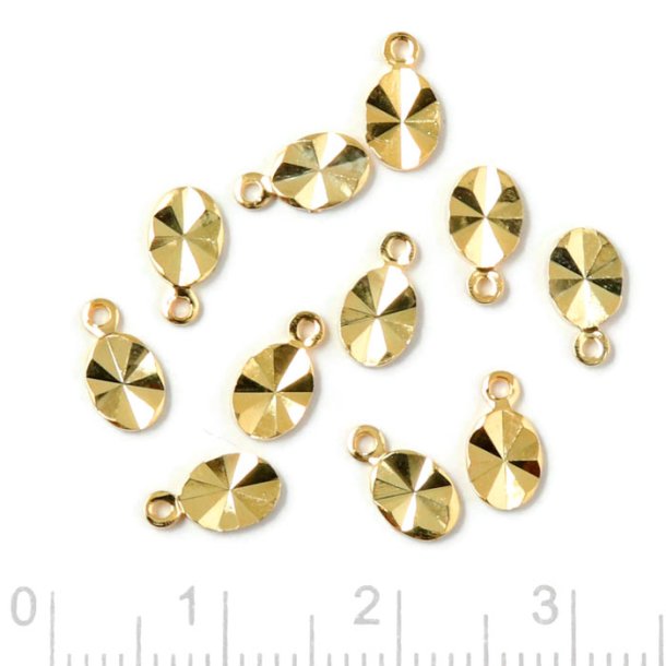 Charm, gilded brass, diamond cut, faceted oval with loop, 8x4,5x1mm, 6pcs.
