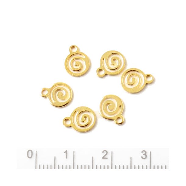 Pendant, gilded brass silhouette with spiral motif, 1 eye, 9x7mm, 10pcs.