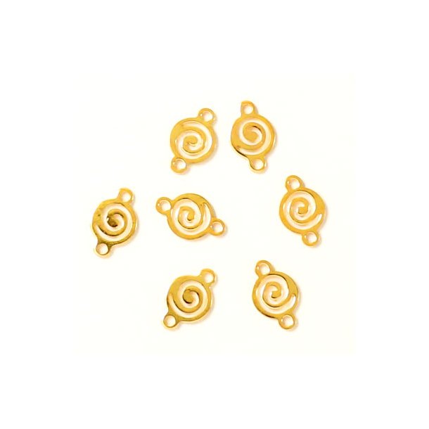 Connector bead, gilded brass silhouette with spiral motif, 2 eyes, 10pcs.
