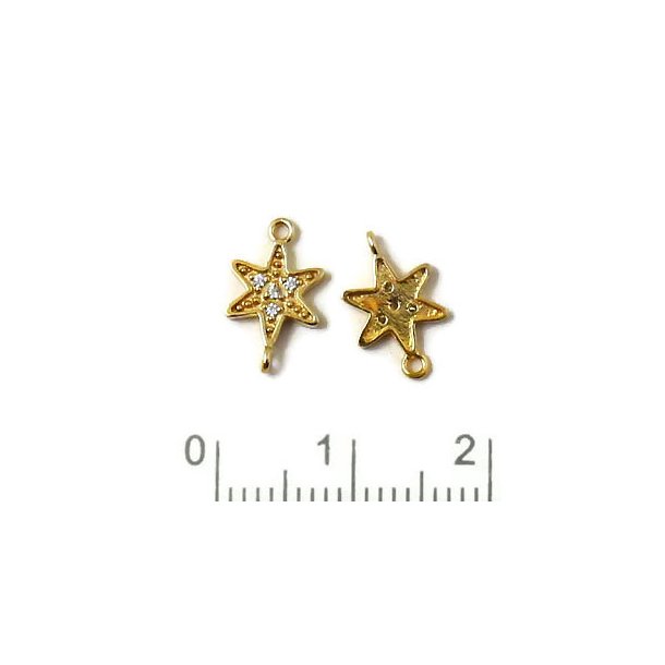 Connector, star with Zirkon, two eyes, gilded Sterling silver, 13x8mm, 1pc.
