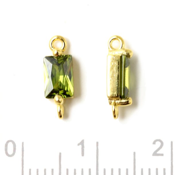 Link with rectangular zirconia, and 2 loops, peridot green, gold-plated silver, 11,5x3x4mm, 2pcs