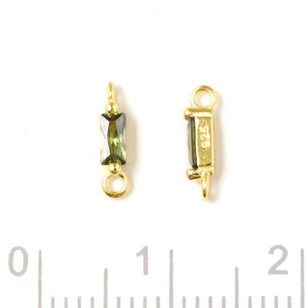 Small link, rectangular zirconia with 2 loops, peridot green, gold-plated silver, 9x2x2.5mm, 2pcs