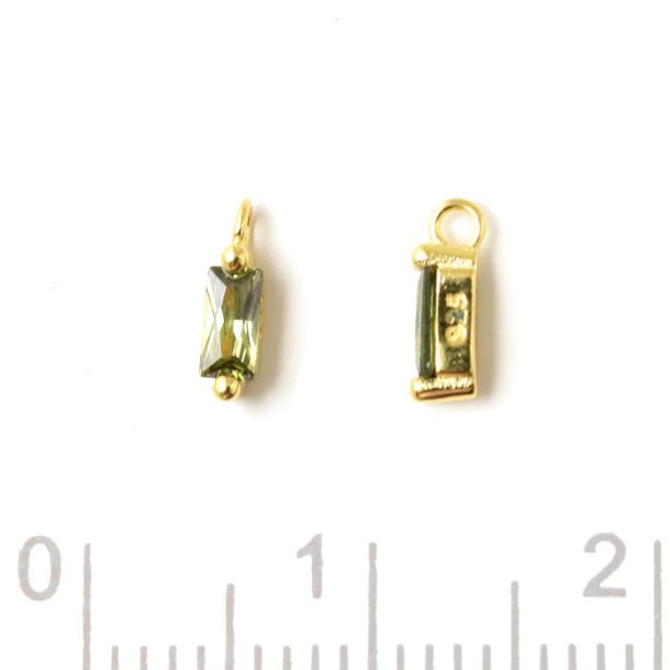Small pendant with rectangular zirconia, dark peridot green, gold-plated silver, 7x2x2.5mm, 2pcs
