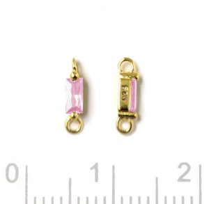 Zwischenstück, rosa Zirkonia, 2 Ösen, Viereck, vergoldetes Silber, 9x2x2,5mm, 2 Stk