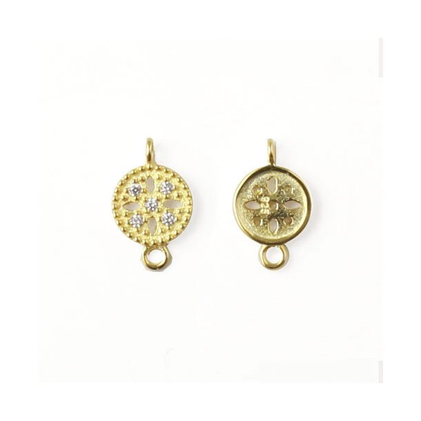 Connector with cubic zirconia, round with two eyelets, gold-plated silver, 1pc.