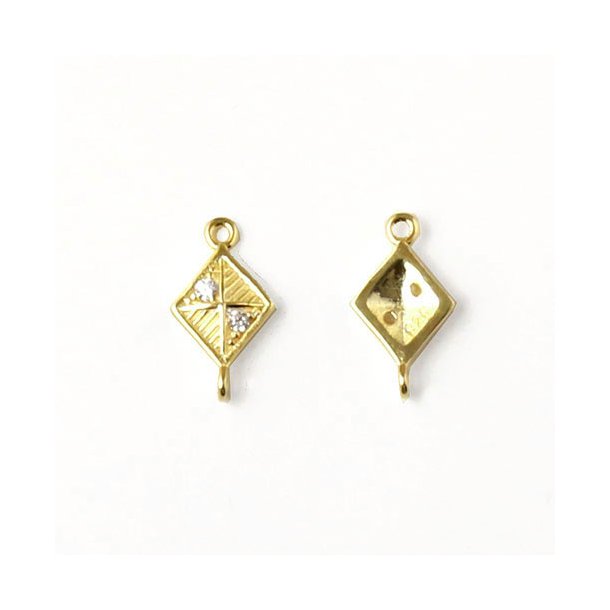 Connector with Cubic Zirkon, diamond-shape with two eyes, gold plated silver, 13x7mm, 1pc