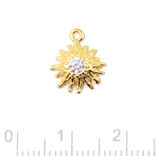 Pendant, flower with CZ in the center, 1 eyelet, gold-plated silver, 12x10x2,5mm, 1 pc