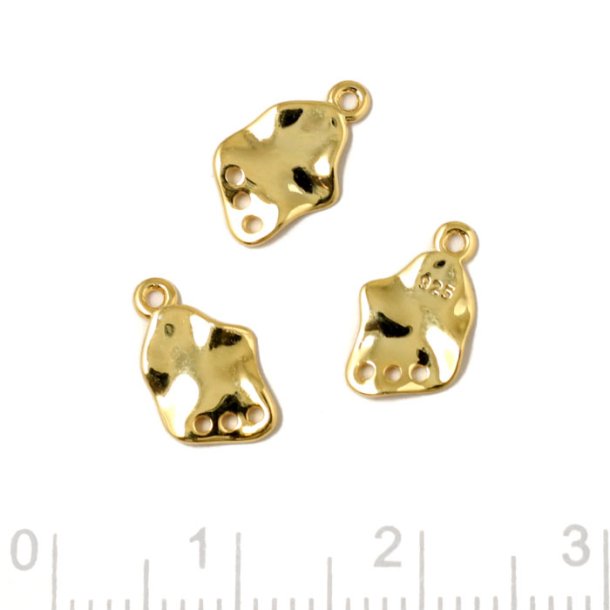 link, uneven plate with loops and 3 holes, gold-plated silver, 11x7mm, 2 pc