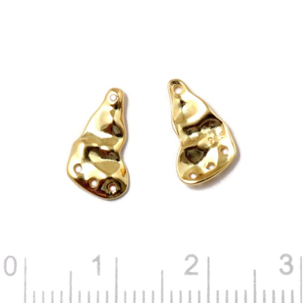 Pendant, uneven surface with 4 holes, shiny, gold-plated silver, 12x7mm, 2pcs