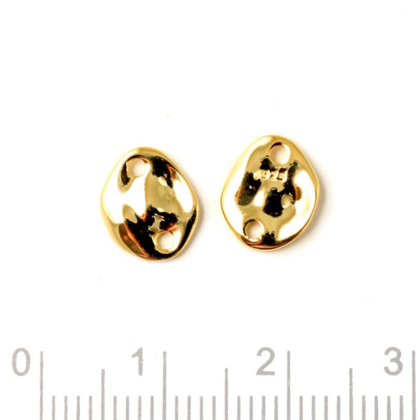 Connector link, uneven plate with two holes, shiny, gold plated silver, 2pcs