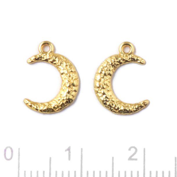 Pendant, crescent moon, hammered surface with 1 loop, gold-plated silver, 12x8.5 mm, 2 pcs