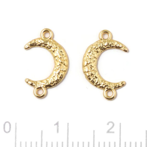 Link, crescent moon, hammered surface with 2 loops, gold-plated silver, 14x8.5 mm, 2 pcs