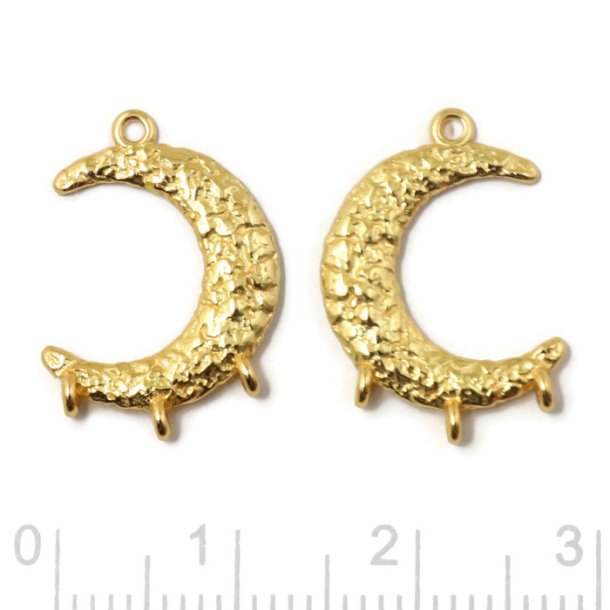 Link, crescent moon, hammered surface with 4 loops, gold-plated silver, 19x13 mm, 2 pcs