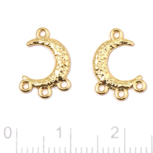 Pendant, crescent moon, hammered surface with 4 loops, gold-plated silver, 14x8.5 mm, 2 pcs