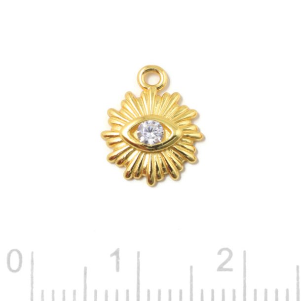 Pendant, sun shape with eye symbol, flat back, 1 loop, gold-plated silver, 12x10x2 mm, 1 pc