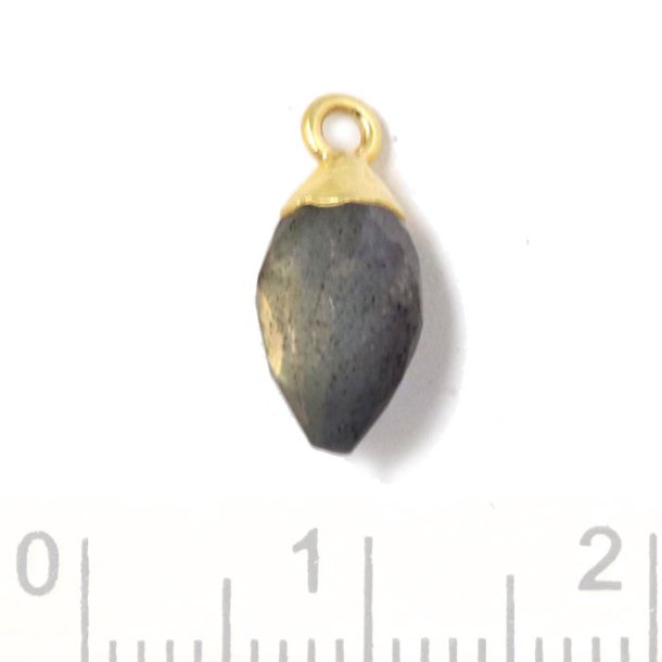 Pendant, drop with loop, grey labradorite, gold-plated silver, 14x6 mm, 1 pc