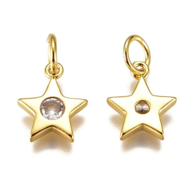 Star Pav&eacute; with eye and 1 zircon, gold-plated brass, pendant with loop, 10x9x2mm, 2 pcs.
