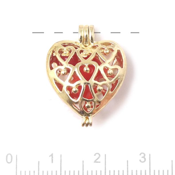 Gilded heart pendant, bead cage, fits 4-6 mm beads, 24,5x18,5mm, 1pc.