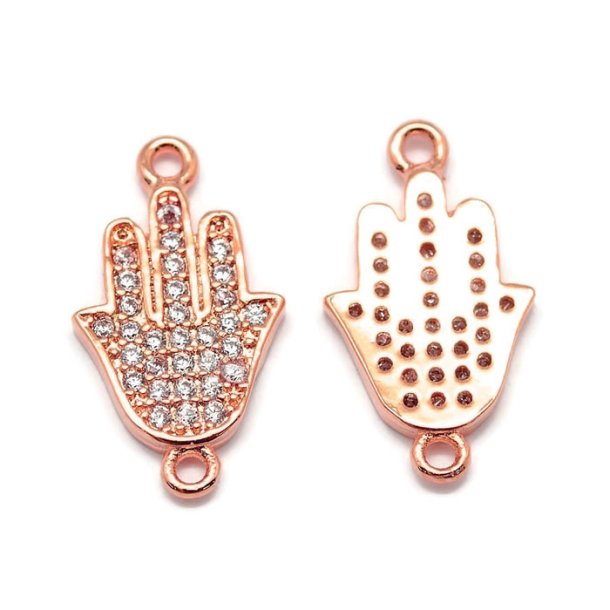 Fatimas hand-amulet with Zircon, rose gilded brass, and 2 eyes, 18x10x2mm, 1pc