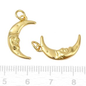 pendant, Half moon with face, gold-plated brass, 20x12x2.5 mm, 1 pcs