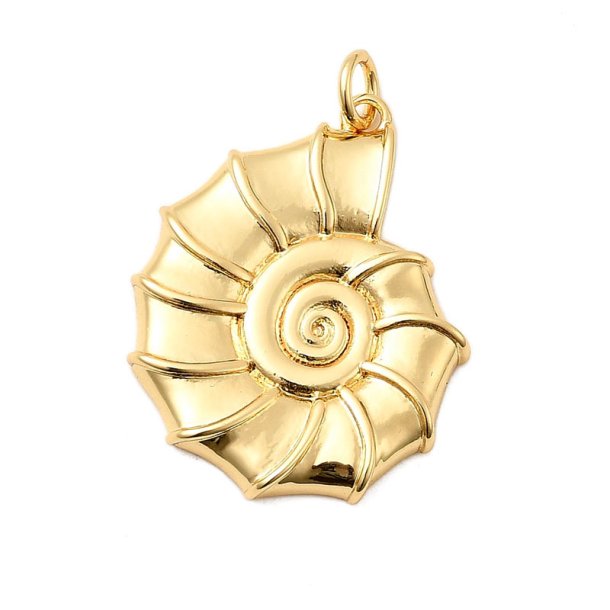 Pendant, trilobite sea snail shell, 18K gold-plated brass, 27.5x21.5 mm, 1 pcs