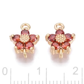 Glied, rote Blume mit Zirkonia, 2-sen, Messing vergoldet, 11,5x8,5 mm, 2 Stck