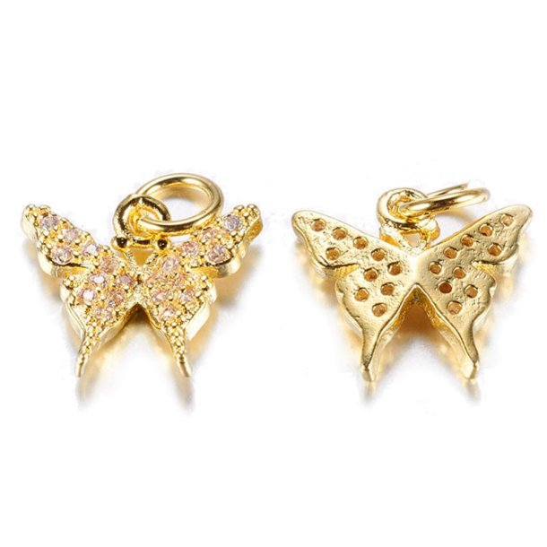 Butterfly with zirconia, gold-plated brass, pendant with eyelet, 11x12x2,5 mm, 2 pcs