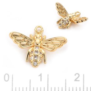 Honeybee with cubic zirconia, pendant, 18K gold-plated brass, 12x16 mm, 2 pcs