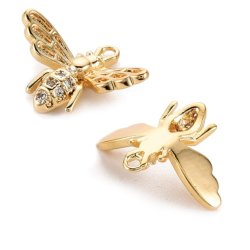 Honeybee with cubic zirconia, pendant, 18K gold-plated brass, 12x16 mm, 2 pcs