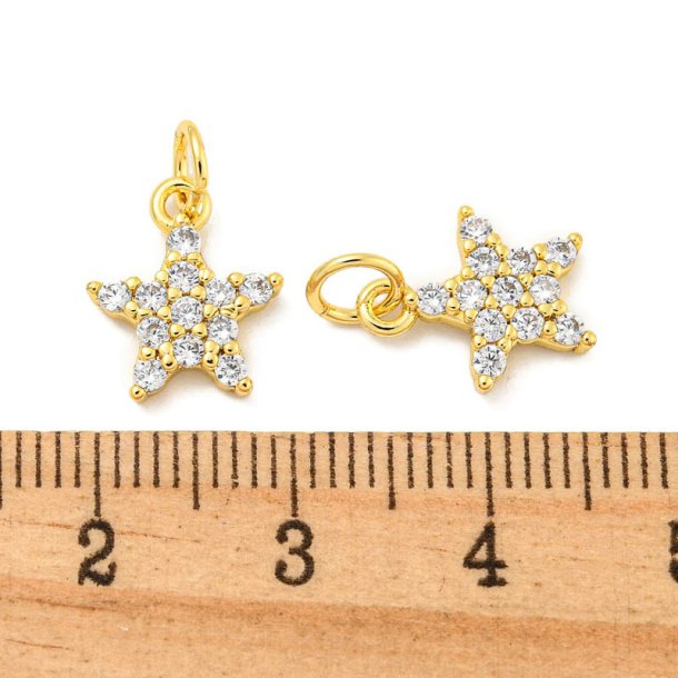 Star charm with zirconia, gold-plated brass with jumpring, 12x10x2 mm, 2 pcs