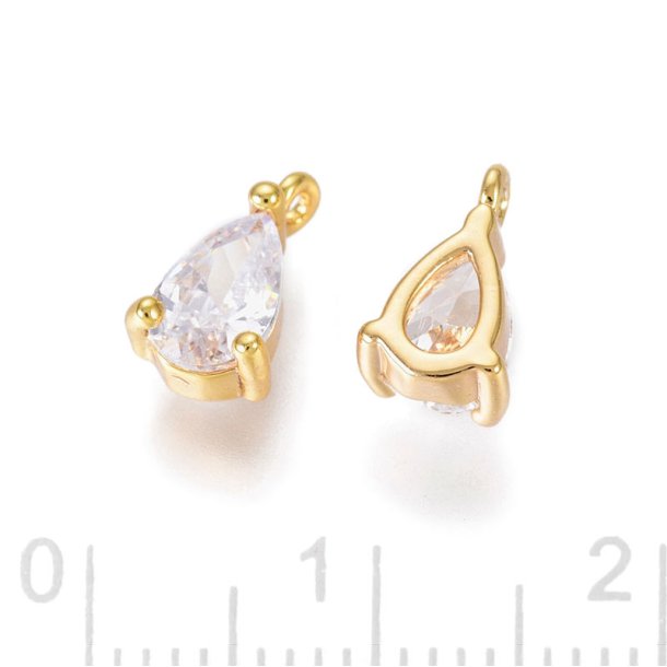 Drop-shaped pendant with CZ and eyelet, durable gold-plated brass, 8.5x5.5 mm, 2 pcs