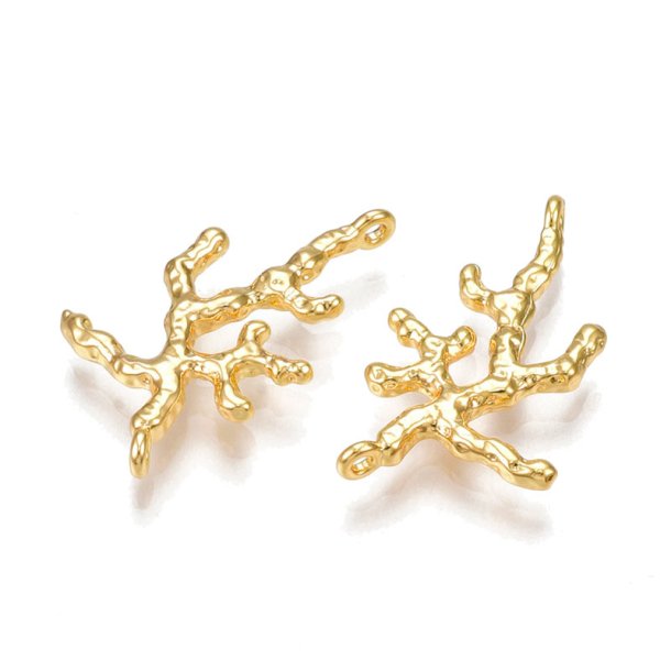 Spacers, twig or coral, 2 eyelets, gold-plated brass, 25x13x1.5 mm, 2 pcs