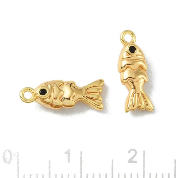 Fish, small pendant, strong gold-plated brass, 13x5x3.5 mm, hole 1.2 mm, 2 pieces.