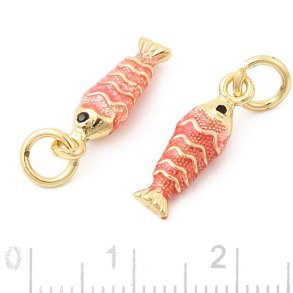 Fisk, vedh�ng, 18K forgyldt messing med pink emalje, 15x5x4 mm, 2 stk.