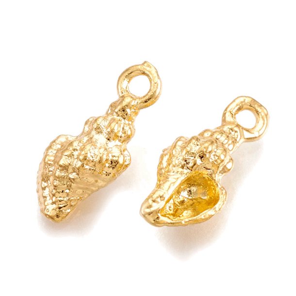 Spiral shell, small pendant, durable gold-plated brass, 11.5x5x3,5 mm, hole 1.2 mm, 2 pcs.