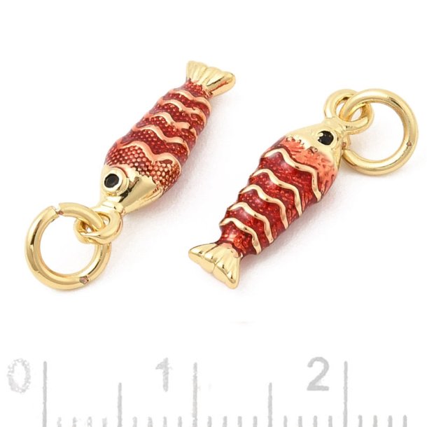 Fisk, vedh�ng, 18K forgyldt messing med r�d emalje, 15x5x4 mm, 2 stk.