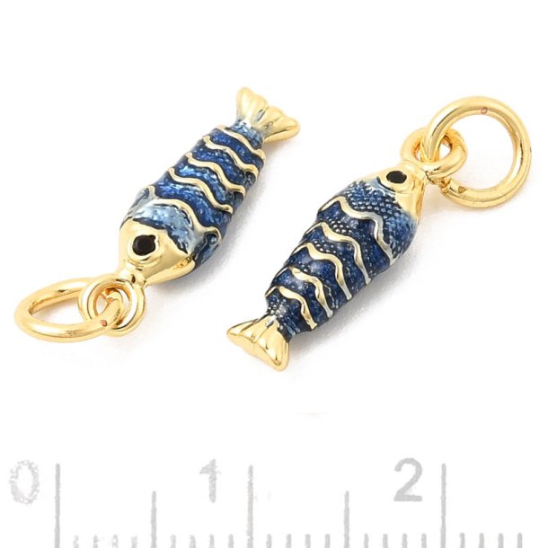 Fisk, vedh�ng, 18K forgyldt messing med bl� emalje, 15x5x4 mm, 2 stk.