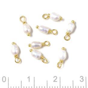 Charm with white 4x3 mm freshwater rice pearl, gold-plated silver, 2 pcs