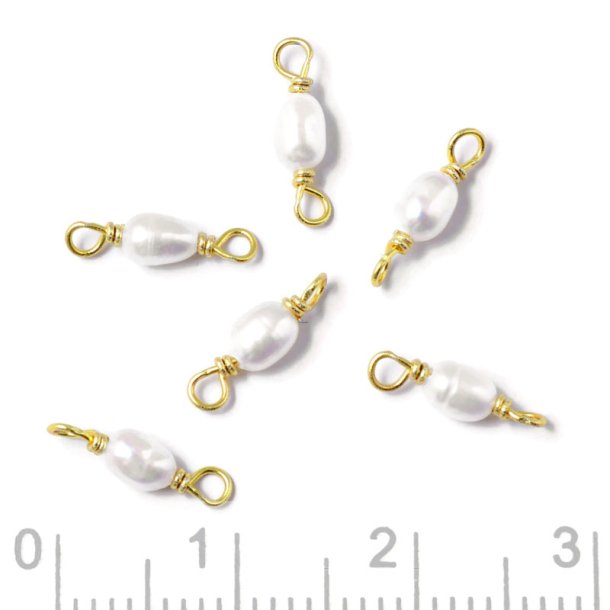 Link with white 4x3 mm freshwater rice pearl, 2 loops, gold-plated silver, 2 pcs