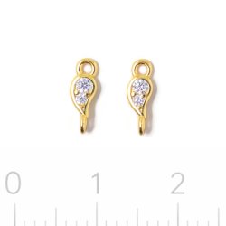 Teardrop connector with CZ and 2 loops, gold-plated silver, 8.8x3mm, 2 pcs