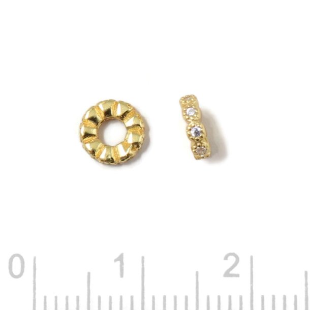 Spacer bead, gold-plated sterling silver, rondel with nine CZ stones, 6x1.7 mm, 2 pcs