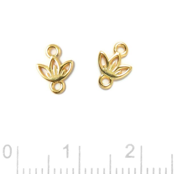 Link, small lotus flower, 2 eyelets, gold-plated silver, 9.5x6x1.8 mm, 2 pcs