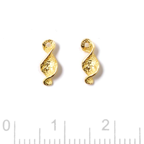 Charm, twisted, hammered surface, 1 hole, gold-plated silver, 9.5x4 mm, 2 pcs