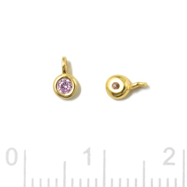 Pendant, round zirconia with loop, pink, gold-plated silver, 5x3x2mm, 2pcs