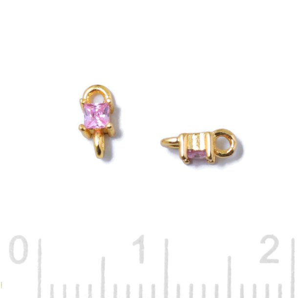 Small link, square shape zirconia with 2 loops, pink, gold-plated silver, 6x3x2.5mm, 2pcs